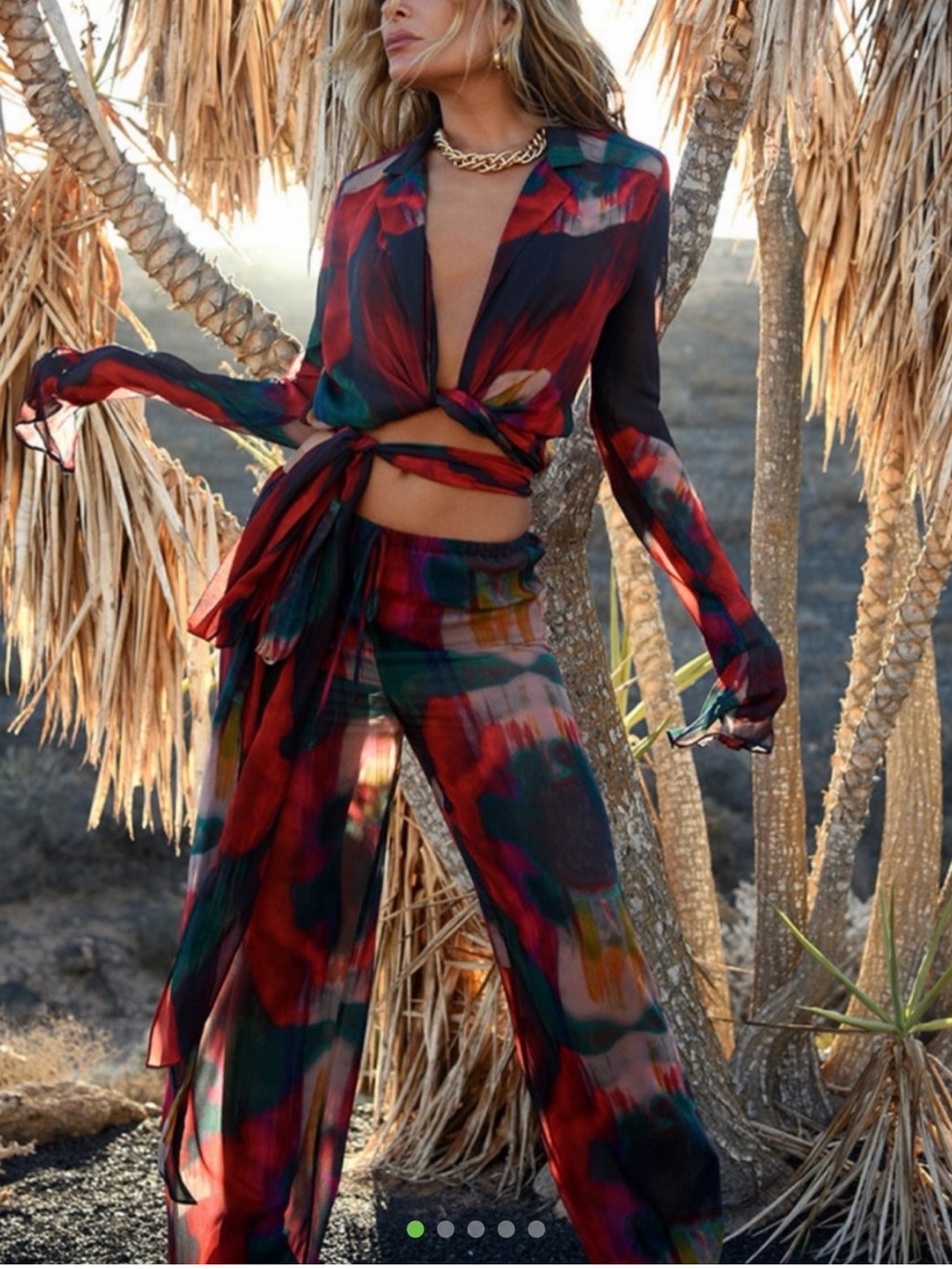 Rat & Boa Red Multi Sheer Maxi Skirt and Tie Blouse Set